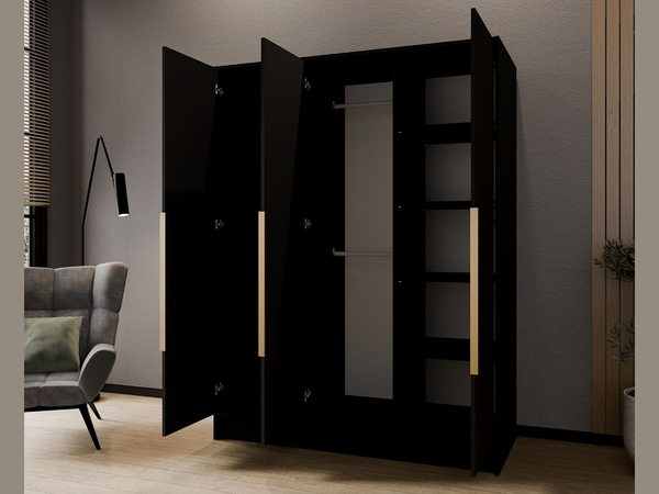 Kleiderschrank 150 cm Perugia Schwarz mit goldenen Griffen
