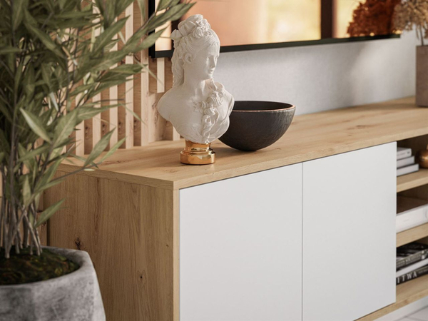 TV-Lowboard schwarzes Gestell Vivance Weiß und Eiche Artisan