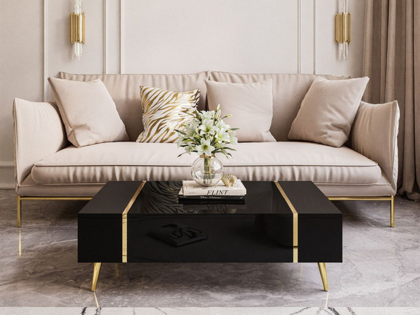 Couchtisch auf goldenen Beinen im Glamour-Stil Lunelie Schwarz Hochglanz