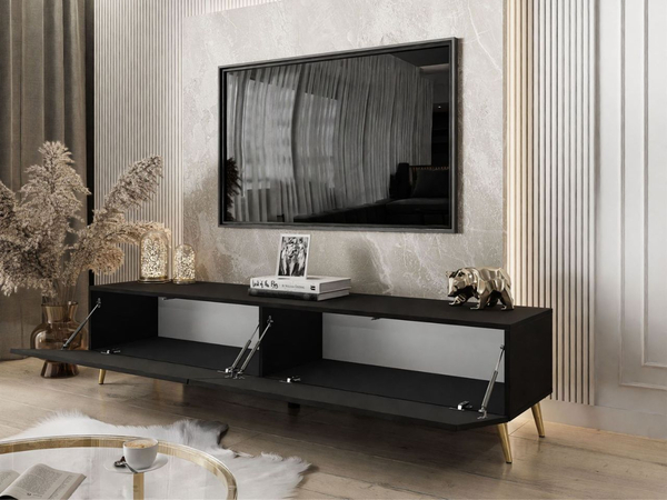 TV-Lowboard mit zwei Türen auf golden Beinen 175 cm mit LED-Beleuchtung Sorelle Schwarz Matt