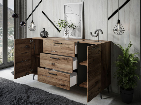 Zweitürige Kommode 158 cm mit drei Schubladen und schwarzen Griffen Lunelie Flagstaff-Eiche