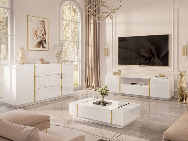 Wohnzimmer-Set im Glamour-Stil Lunelie Weiß Hochglanz