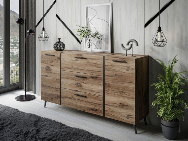 Zweitürige Kommode 158 cm mit drei Schubladen und schwarzen Griffen Lunelie Flagstaff-Eiche