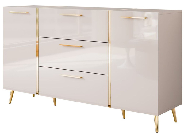 Zweitürige Kommode 158 cm mit drei Schubladen und goldenen Griffen Lunelie Kaschmirglanz