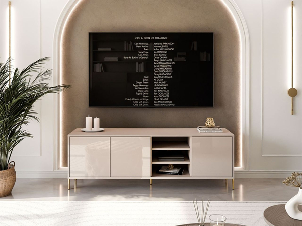 TV-Lowboard im Glamour-Stil mit Türen auf geraden goldenen Füßen Vivance, Kaschmir Hochglanz