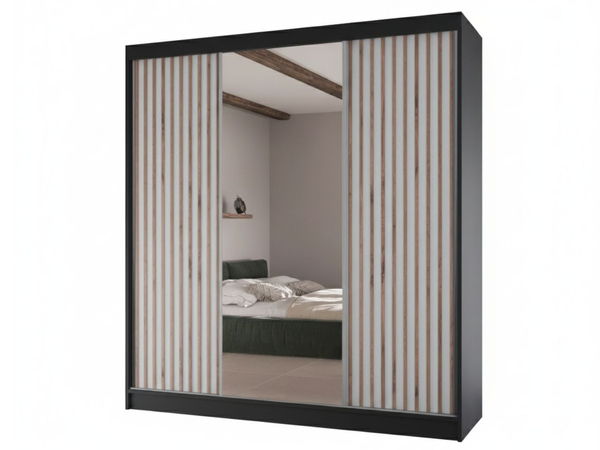Schiebetürenschrank mit Lamellen und Spiegel 200 cm Lucena Schwarz, Weiß