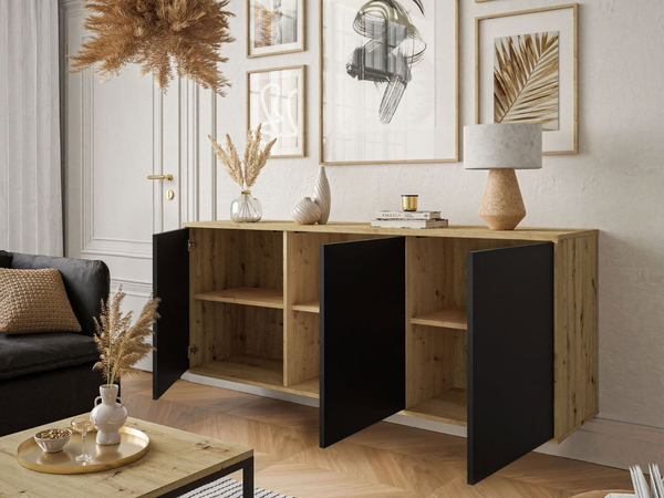 Dreitürige Kommode 154 cm im Loft-Stil mit schwarzen Beinen – Vivance, Schwarz matt & Eiche Artisan