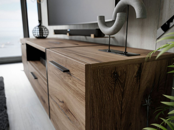 TV-Schrank im Loft-Stil mit Schränken und Schublade Lunelie Flagstaff-Eiche