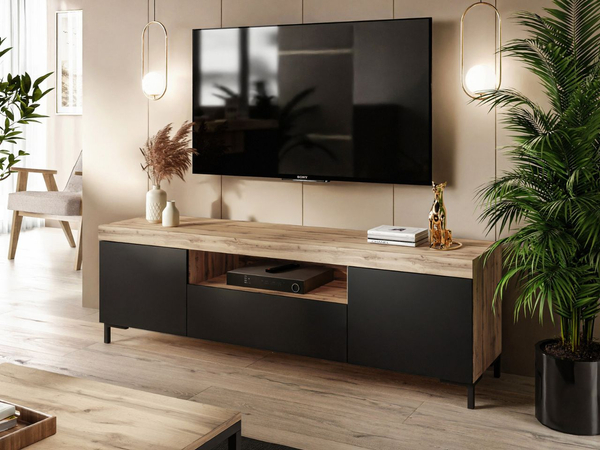 Wohnzimmer-Set – TV-Schrank und Kommode auf schwarzen Füßen Asumi Schwarz und Eiche Wotan
