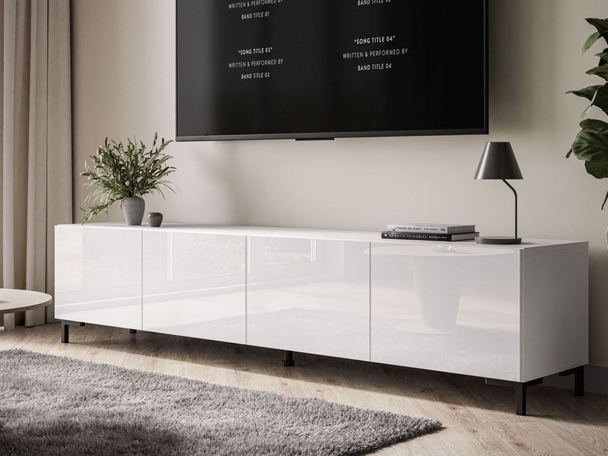 TV-Lowboard mit Türen auf Schwarzen Beinen 200 cm Nodoo Weiß Hochglanz