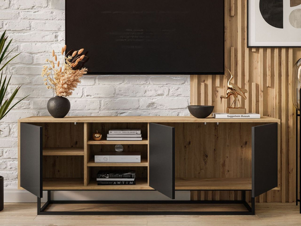 TV-Lowboard mit Türen auf schwarzem Gestell Vivance Schwarz und Artisan Eiche