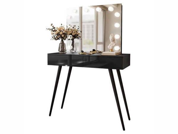 Schminktisch im Glamour-Stil mit Schubladen, Schwarzen Beinen und LED-Beleuchtung Olivine Elite Schwarz Hochglanz