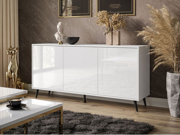 Dreitürige Kommode 154 cm Glamour-Stil auf schwarzfarbenen Metallbeinen Vivance Weißglanz