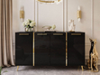 Viertürige Kommode 158 cm Glamour-Stil mit goldenen Griffen und Beinen Lunelie Schwarzglanz