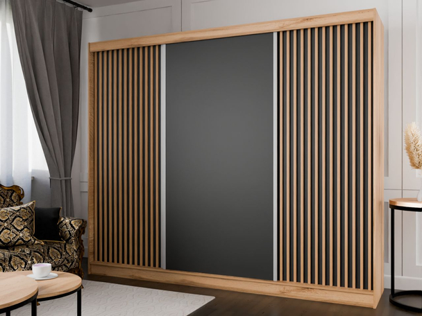 Schiebetürenschrank mit Lamellen 250 cm Loreto Handwerk Goldene Eiche, Schwarz