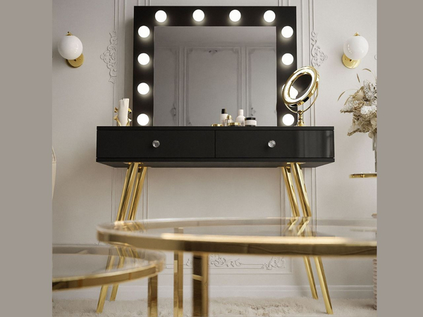 Schminktisch glamour mit Schubladen, Spiegel und LED-Beleuchtung Olivine Schwarz Hochglanz