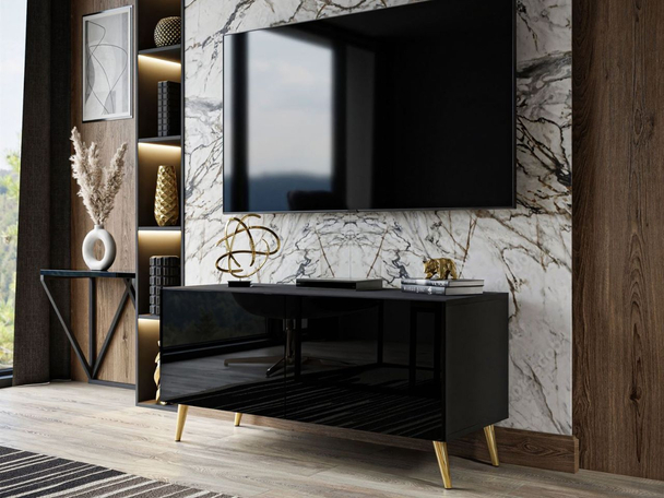 TV-Lowboard mit Türen auf Goldenen Metallbeinen 100 cm Noaé Schwarz Hochglanz