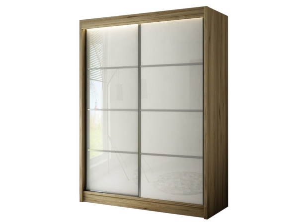 Schiebetürenschrank mit Sprossen 150 cm mit LED-Beleuchtung Ponti Handwerk Goldene Eiche, Weiß