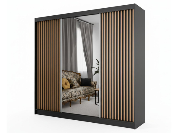 Schiebetürenschrank mit Spiegel und Lamellen 250 cm Loreto Schwarz