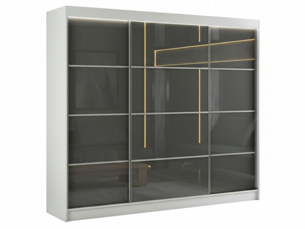 Schiebetürenschrank mit Sprossen 250 cm mit LED-Beleuchtung Ponti Weiß, Grau