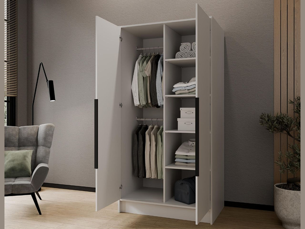 Kleiderschrank 100 cm Perugia Weiß mit schwarzen Griffen