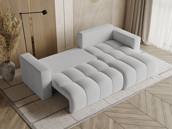 Ecksofa L-Form mit Schlaffunktion und Bettkasten Neva Bouclé-Stoff Grau
