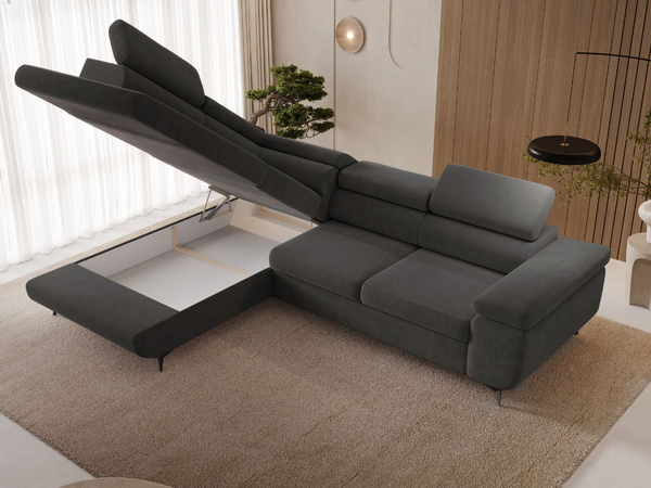 Ecksofa L-Form mit Schlaffunktion und Bettkasten Argon Links Dunkelgrau