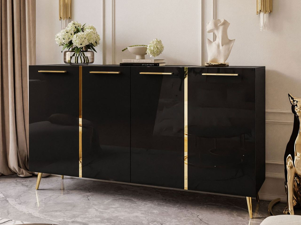 Viertürige Kommode 158 cm Glamour-Stil mit goldenen Griffen und Beinen Lunelie Schwarzglanz