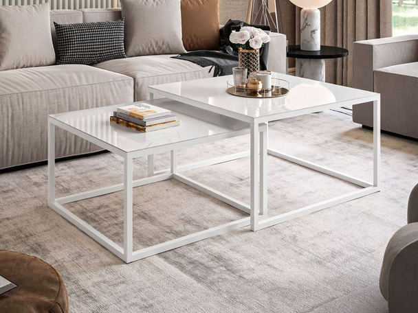 Couchtisch auf weißem Gestell mit Glasplatte Asumi Weiß 39x45