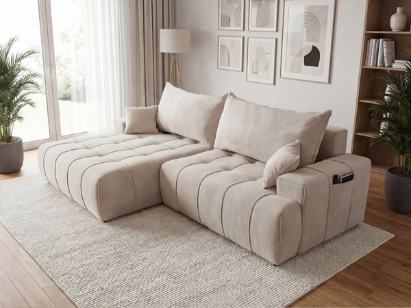 Ecksofa L-Form mit Schlaffunktion und Bettkasten Tulio Links Beige