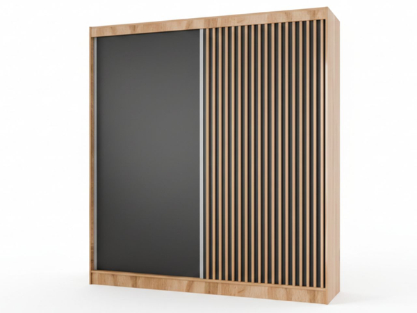 Schiebetürenschrank mit Lamellen 200 cm Loreto Handwerk Goldene Eiche, Schwarz