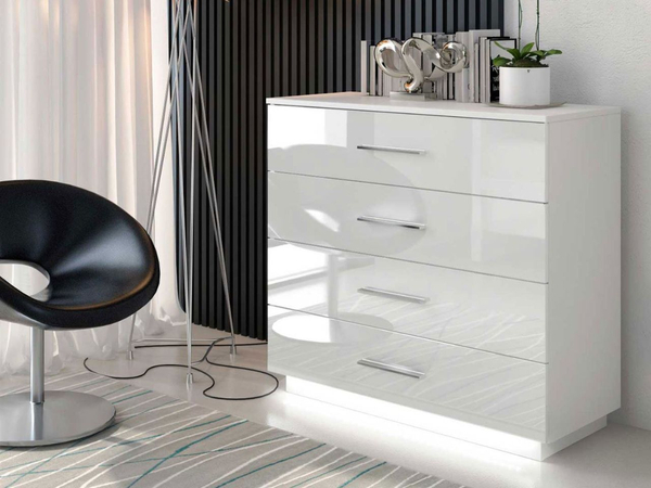Kommode mit vier Schubladen und LED-Beleuchtung Nuveo Weiß Hochglanz
