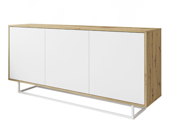 Dreitürige Kommode 154 cm im Loft-Stil auf weißem Gestell – Vivance, Weiß matt & Eiche Artisan