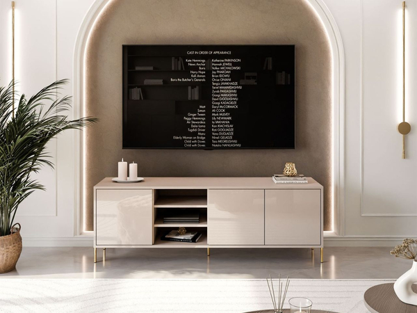TV-Lowboard im Glamour-Stil mit Türen auf geraden goldenen Füßen Vivance, Kaschmir Hochglanz