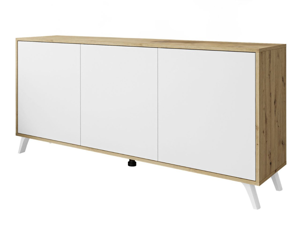 Dreitürige Kommode 154 cm im Loft-Stil mit weißen Beinen – Vivance, Weiß matt & Eiche Artisan