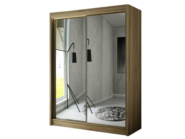 Schiebetürenschrank 150 cm mit Spiegel und LED-Beleuchtung Luzio Handwerk Goldene Eiche