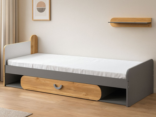 Einzelbett mit Schublade für ein Jugendzimmer Casa Nash Eiche, Weiß, Grau