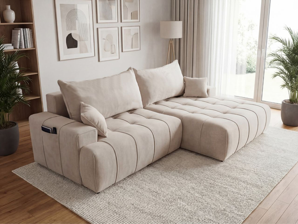 Ecksofa L-Form mit Schlaffunktion und Bettkasten Tulio Rechts Beige
