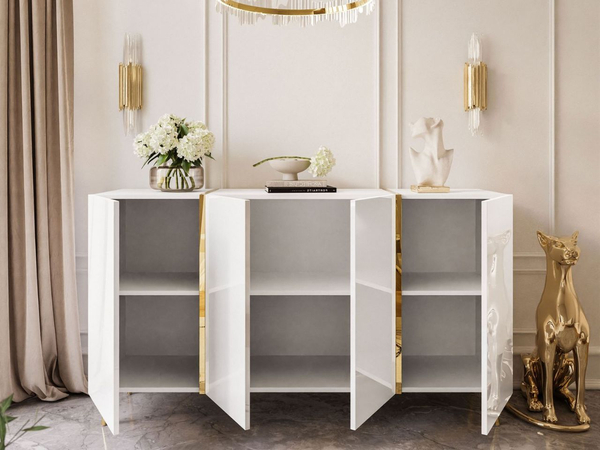 Viertürige Kommode 158 cm Glamour-Stil auf goldfarbenen Metallbeinen Lunelie Weißglanz