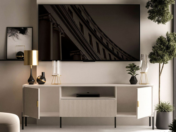 TV-Lowboard breit zweitürig mit Schublade und schwarzen Metallfüßen Orlean Kaschmir Matt