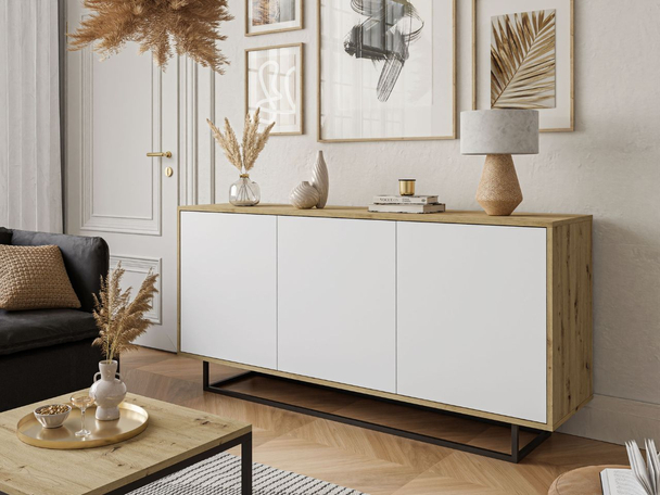 Dreitürige Kommode 154 cm im Loft-Stil auf schwarzem Gestell – Vivance, Weiß matt & Eiche Artisan