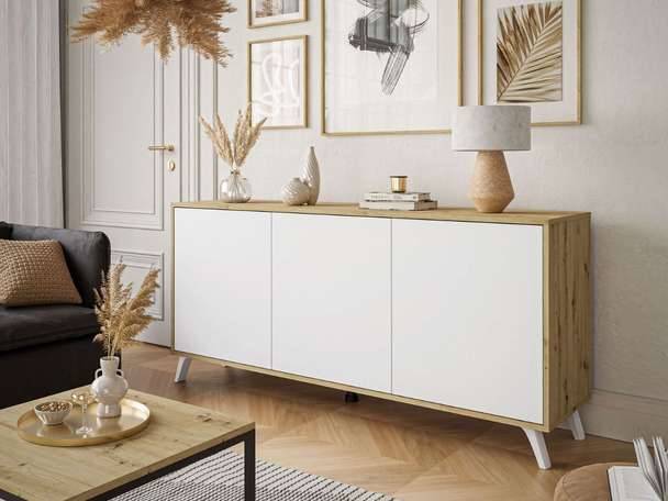 Dreitürige Kommode 154 cm im Loft-Stil mit weißen Beinen – Vivance, Weiß matt & Eiche Artisan