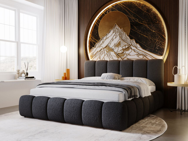 Polsterbett mit Bettkasten und Lattenrost 180x200 Cloud Bouclé-Stoff Schwarz