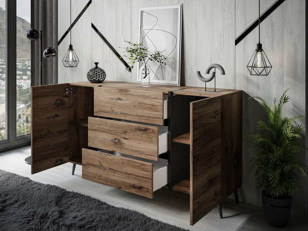 Zweitürige Kommode 158 cm mit drei Schubladen und Metallbeinen Lunelie Flagstaff-Eiche