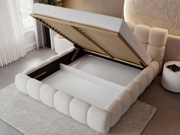 Polsterbett mit Bettkasten und Lattenrost 120x200 Modo aus Bouclé-Stoff Beige