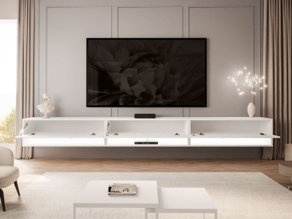 Hänge TV-Schrank 270 cm für Wohnzimmer mit LED-Beleuchtung Aurelie Weiß Hochglanz