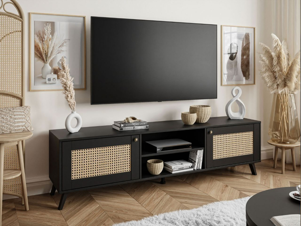 TV-Lowboard Boho mit zwei Türen und Front in Flechtoptik Bellance schwarz