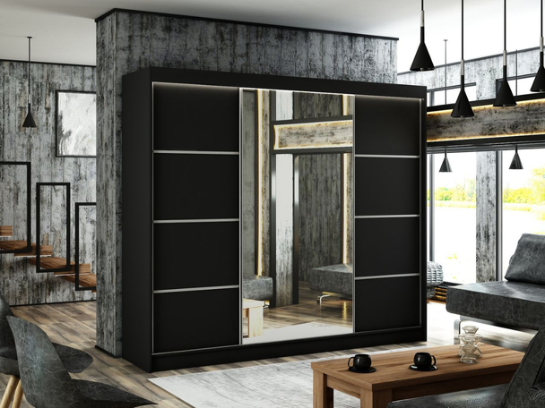 Schiebetürenschrank mit Spiegel 250 cm mit LED-Beleuchtung Portel Schwarz