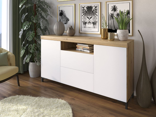 Wohnzimmer-Set im Loft-Stil Asumi Weiß und Eiche Wotan