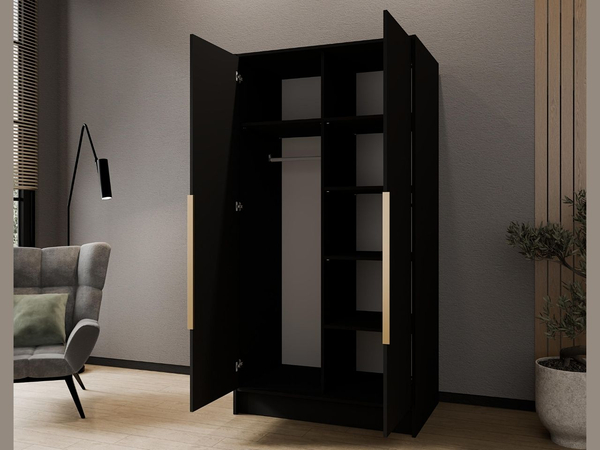 Kleiderschrank mit Spiegel 100 cm Lucca Schwarz mit goldenen Griffen
